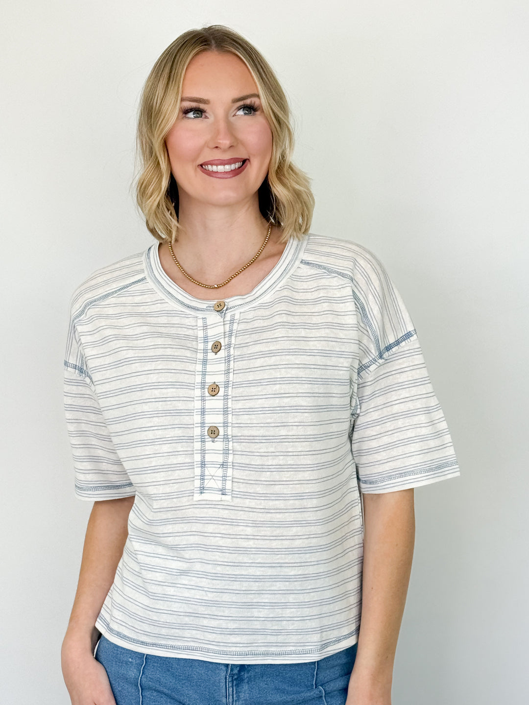 Anna - Blue Striped Button Up Detail Top