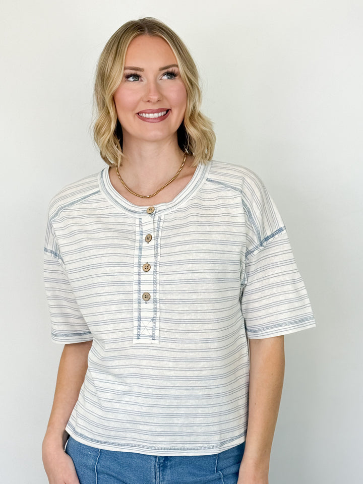 Anna - Blue Striped Button Up Detail Top
