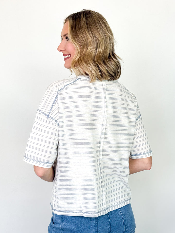 Anna - Blue Striped Button Up Detail Top