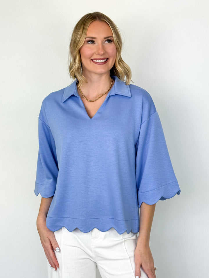 Jodi -  Blue Scalloped Hem Collared  Top