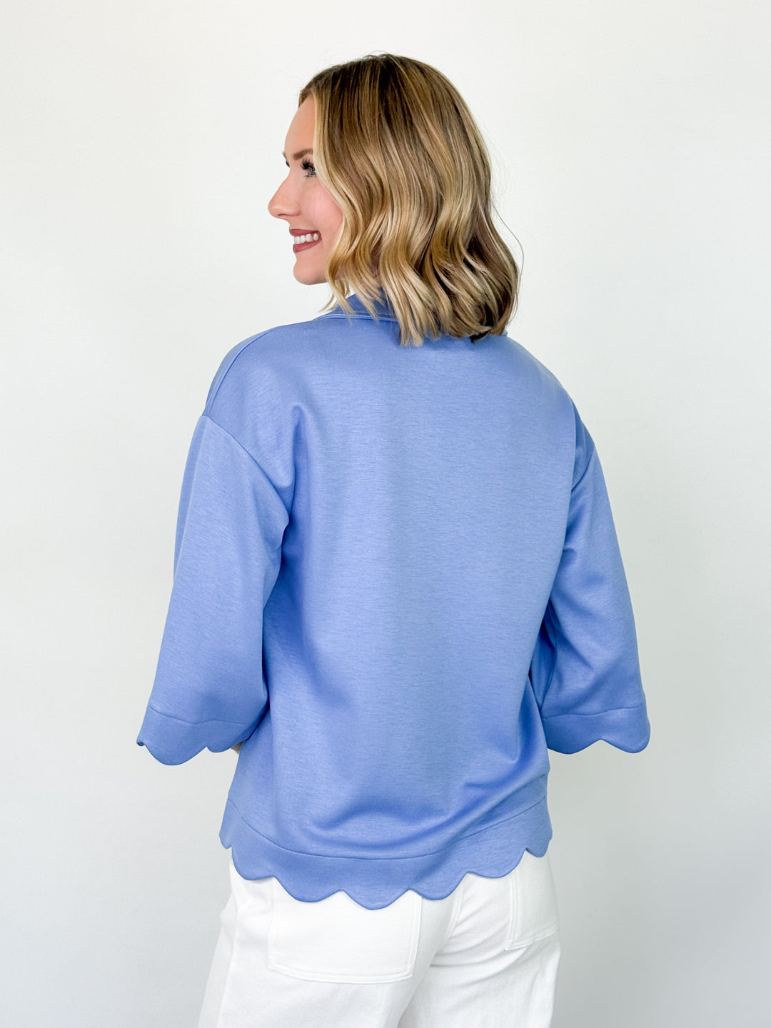 Jodi -  Blue Scalloped Hem Collared  Top