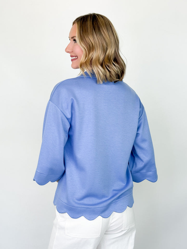 Jodi -  Blue Scalloped Hem Collared  Top