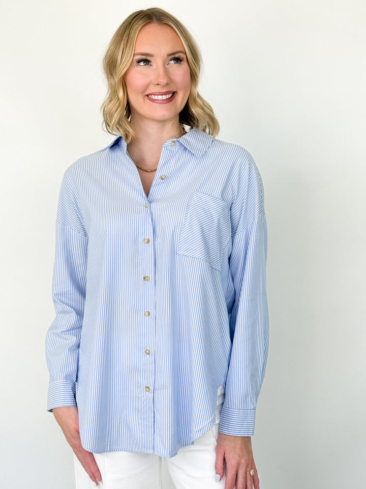 Adalyn - Blue Striped Long Sleeve Collared Top