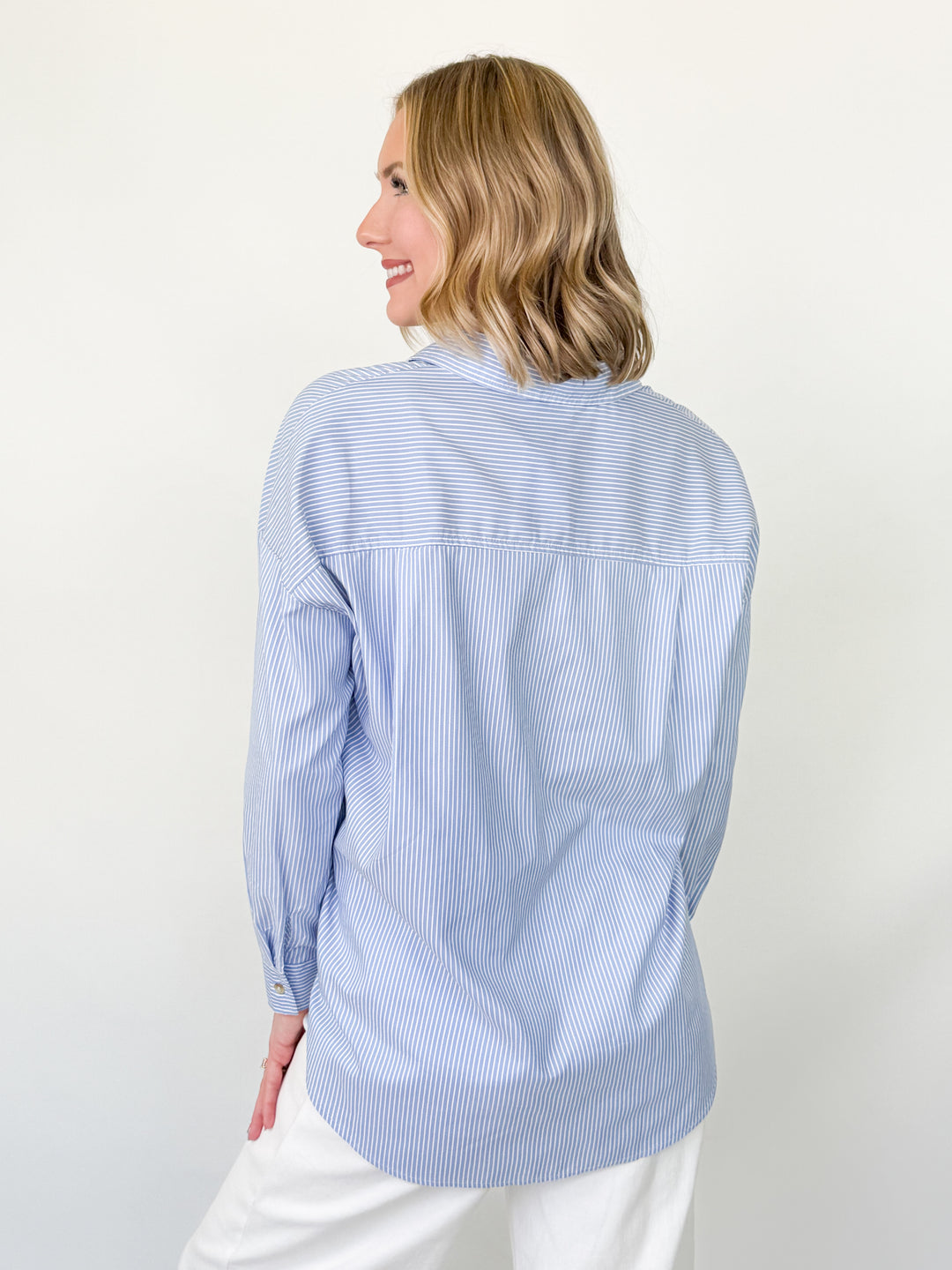 Adalyn - Blue Striped Long Sleeve Collared Top