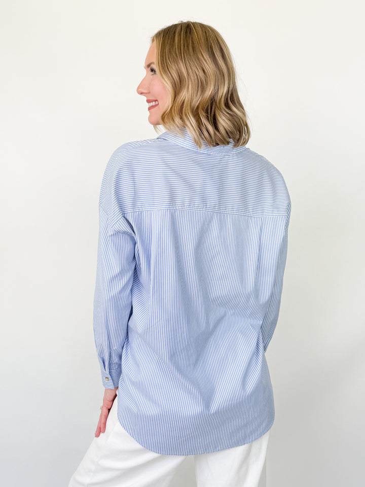 Adalyn - Blue Striped Long Sleeve Collared Top