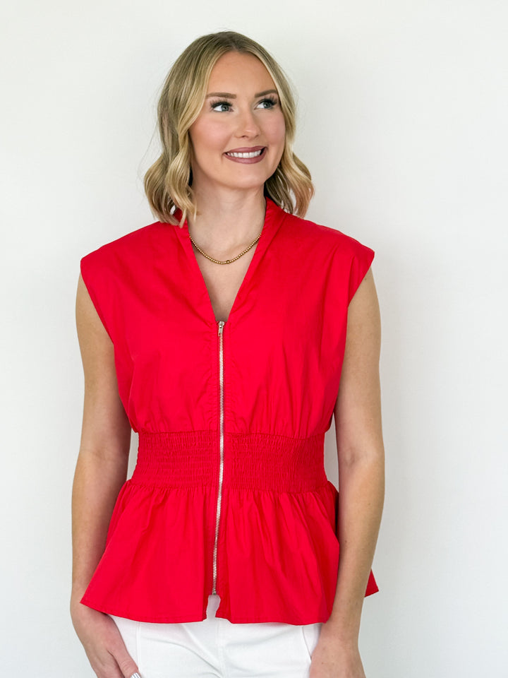 Emmie - Sleeveless Smocked Waist Front Zip Top (Red)