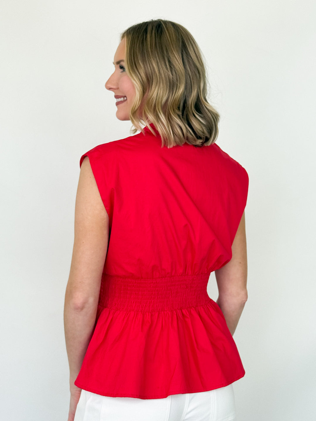 Emmie - Sleeveless Smocked Waist Front Zip Top (Red)
