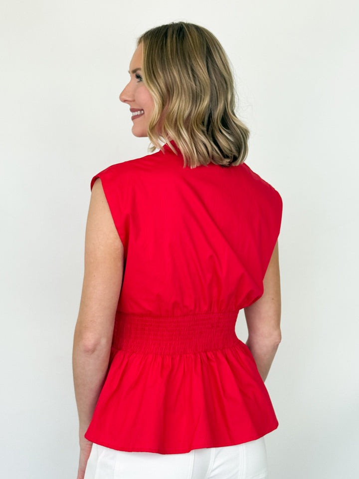 Emmie - Sleeveless Smocked Waist Front Zip Top (Red)