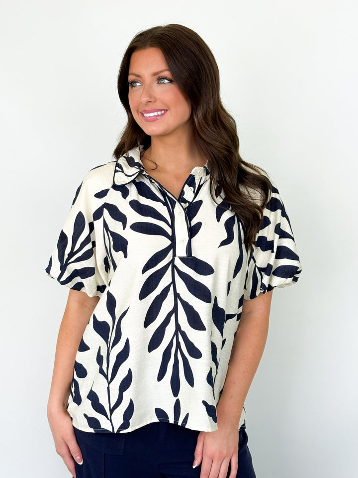 Rita - Floral Bubble Sleeve Blouse (Navy)