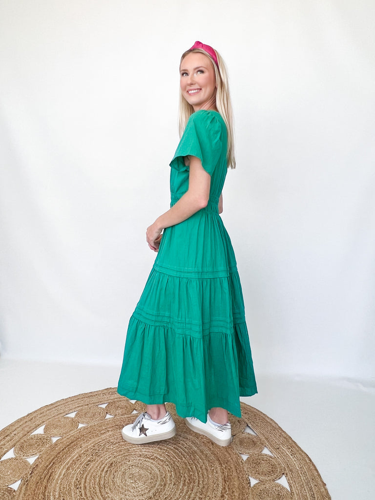 Kimmy - V-Neck Tiered Midi Dress (Jade)