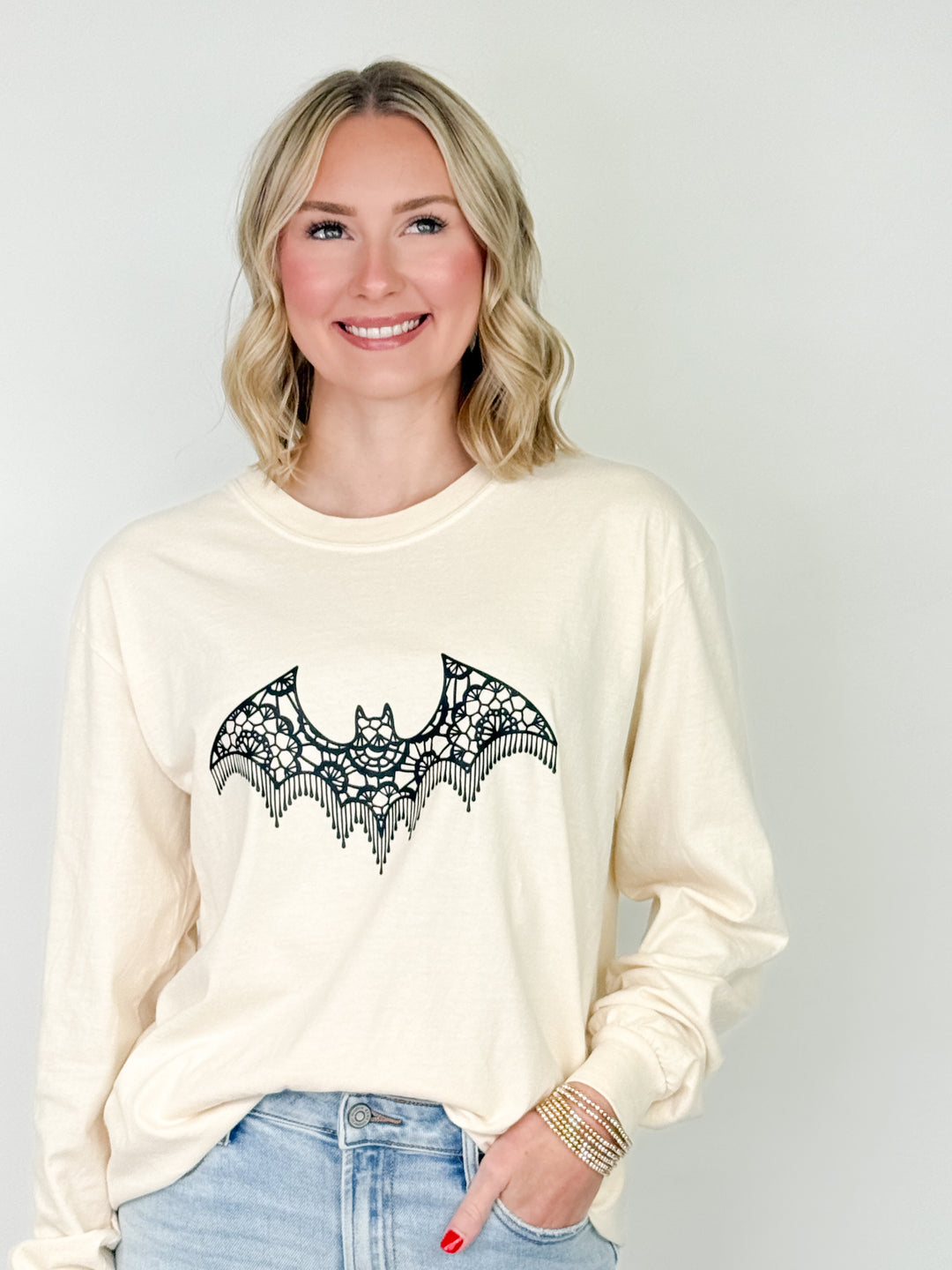 Lace Bat Long Sleeve Graphic Tee - Cream
