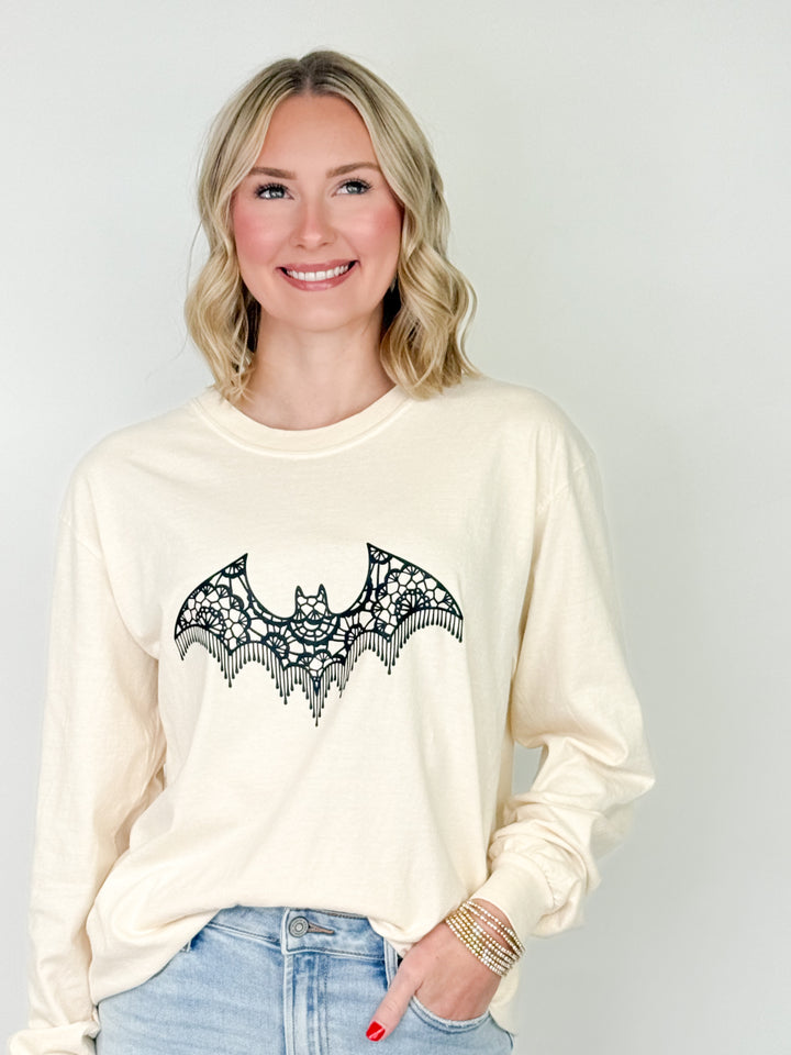 Lace Bat Long Sleeve Graphic Tee - Cream