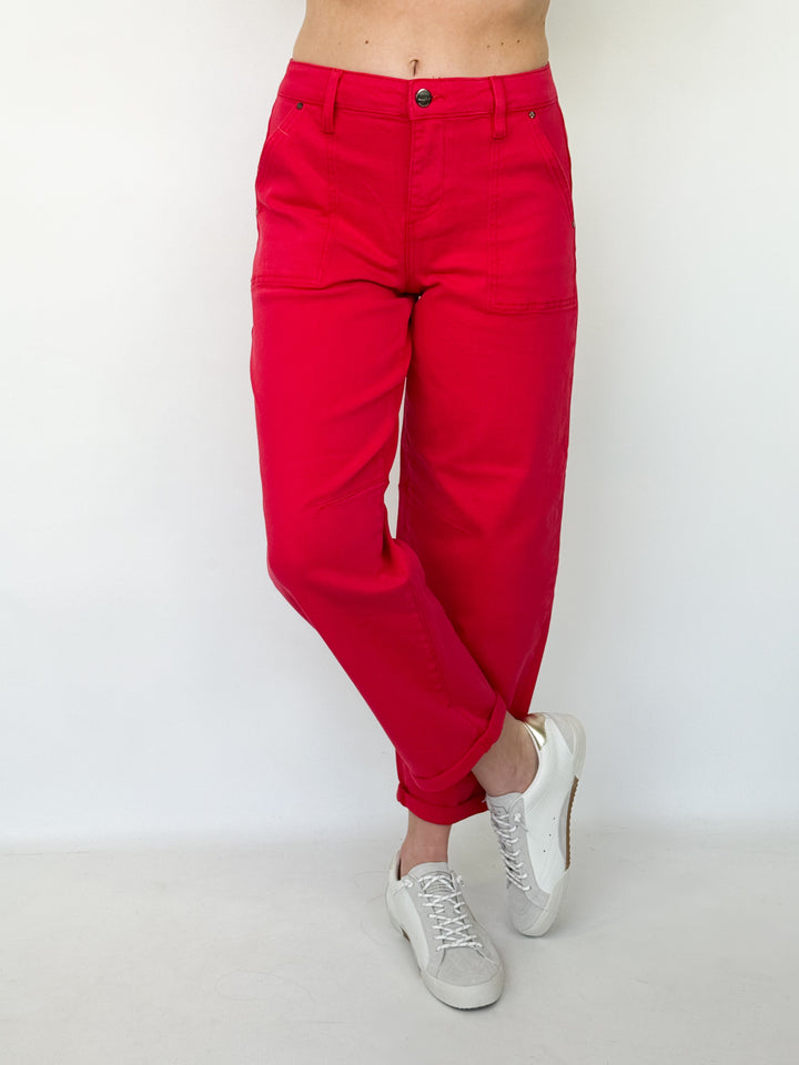 Scarlet - High Rise Red Barrel Pants
