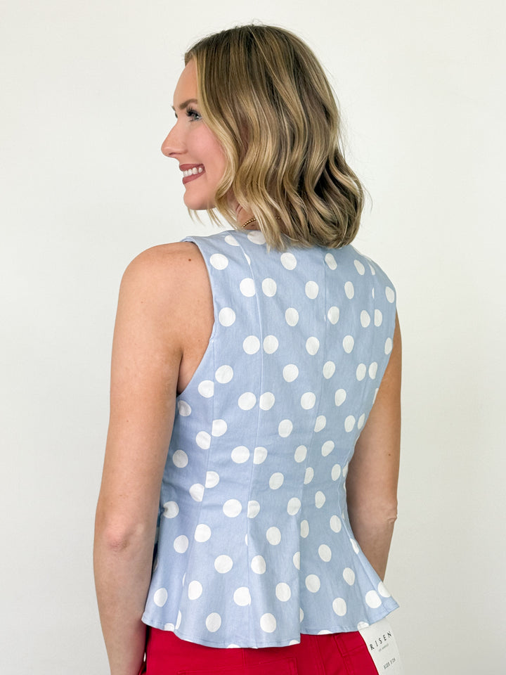 Caroline - Baby Blue Polka Dot Peplum Top