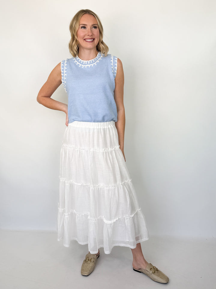 Paige - White Tiered Midi Skirt