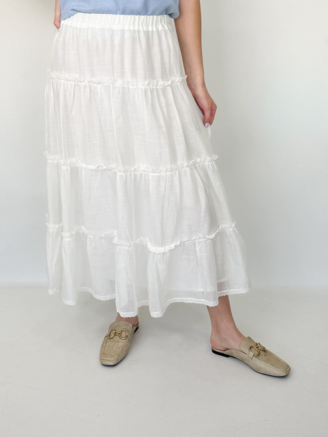 Paige - White Tiered Midi Skirt