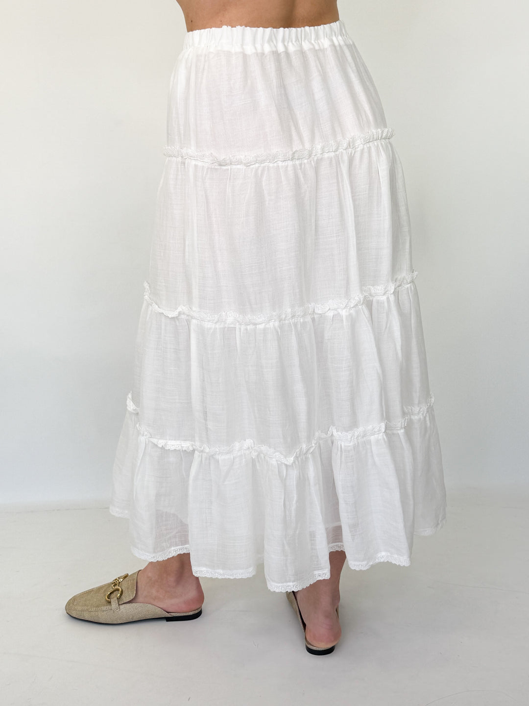 Paige - White Tiered Midi Skirt