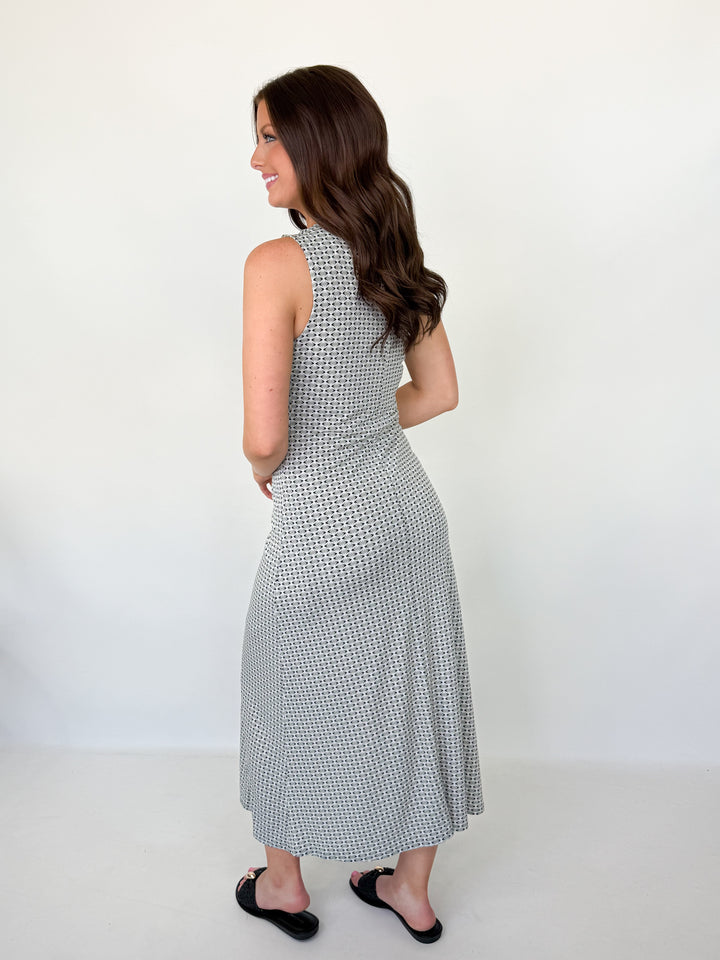 Silvia - Gathered Side Sleeveless Geo Midi Dress