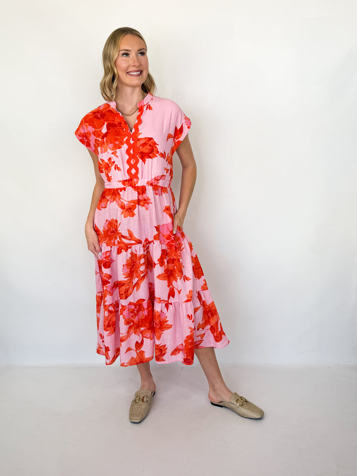Collyns - Pink + Orange Floral Midi Dress