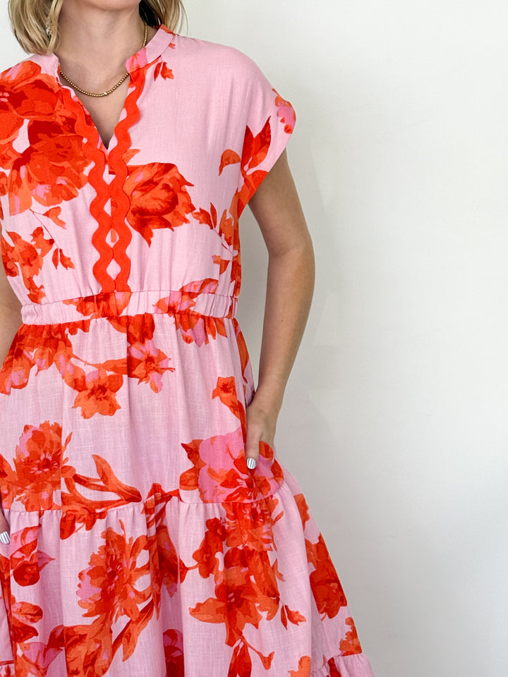 Collyns - Pink + Orange Floral Midi Dress