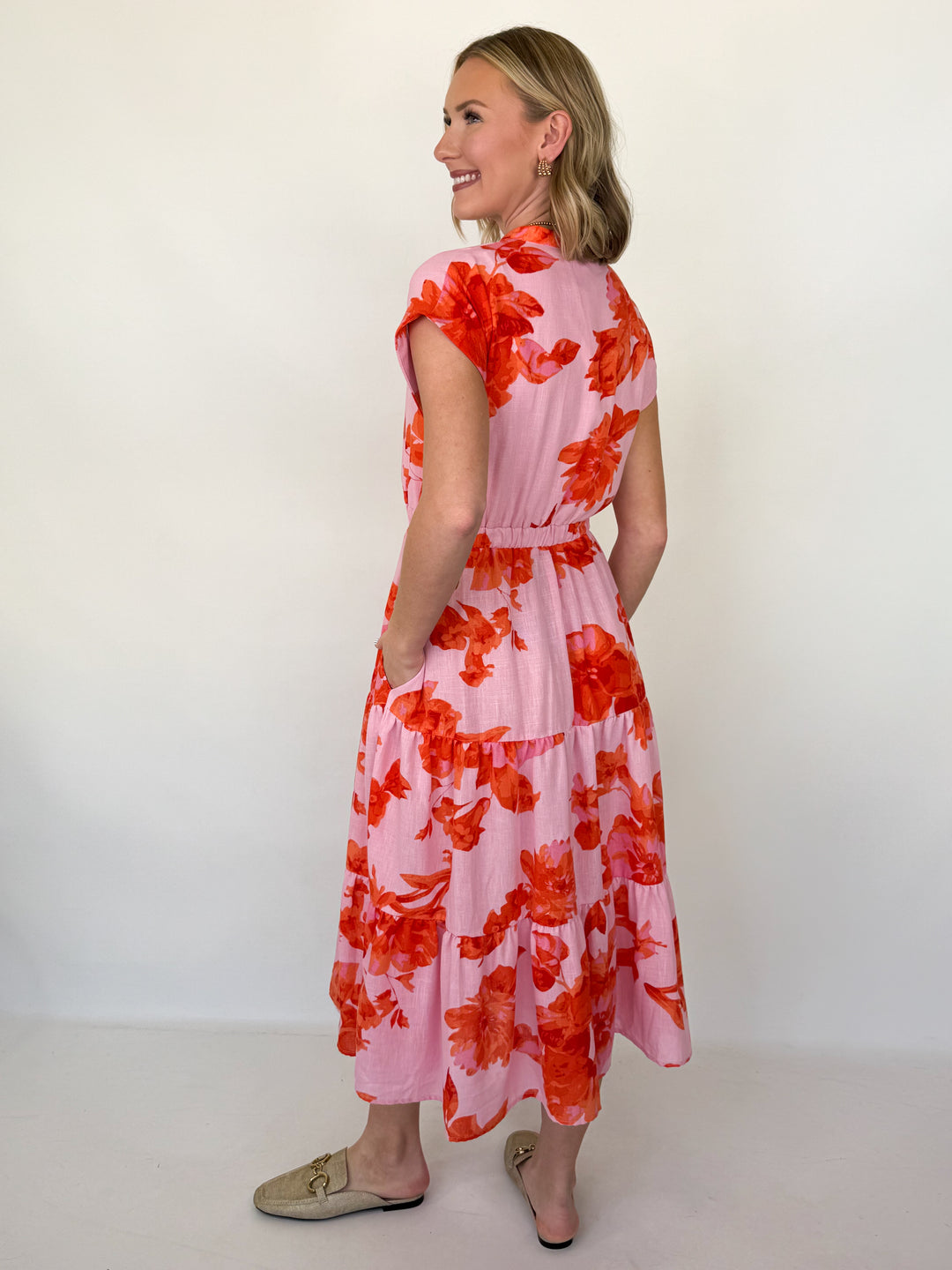 Collyns - Pink + Orange Floral Midi Dress