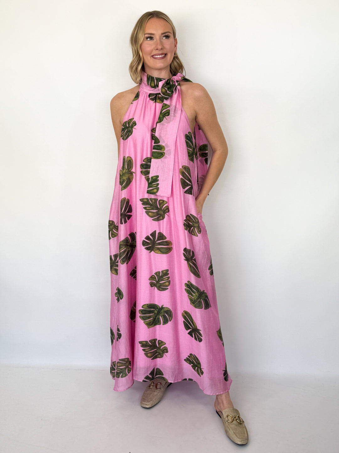 Heidi - Pink Monstera Leaf Dress