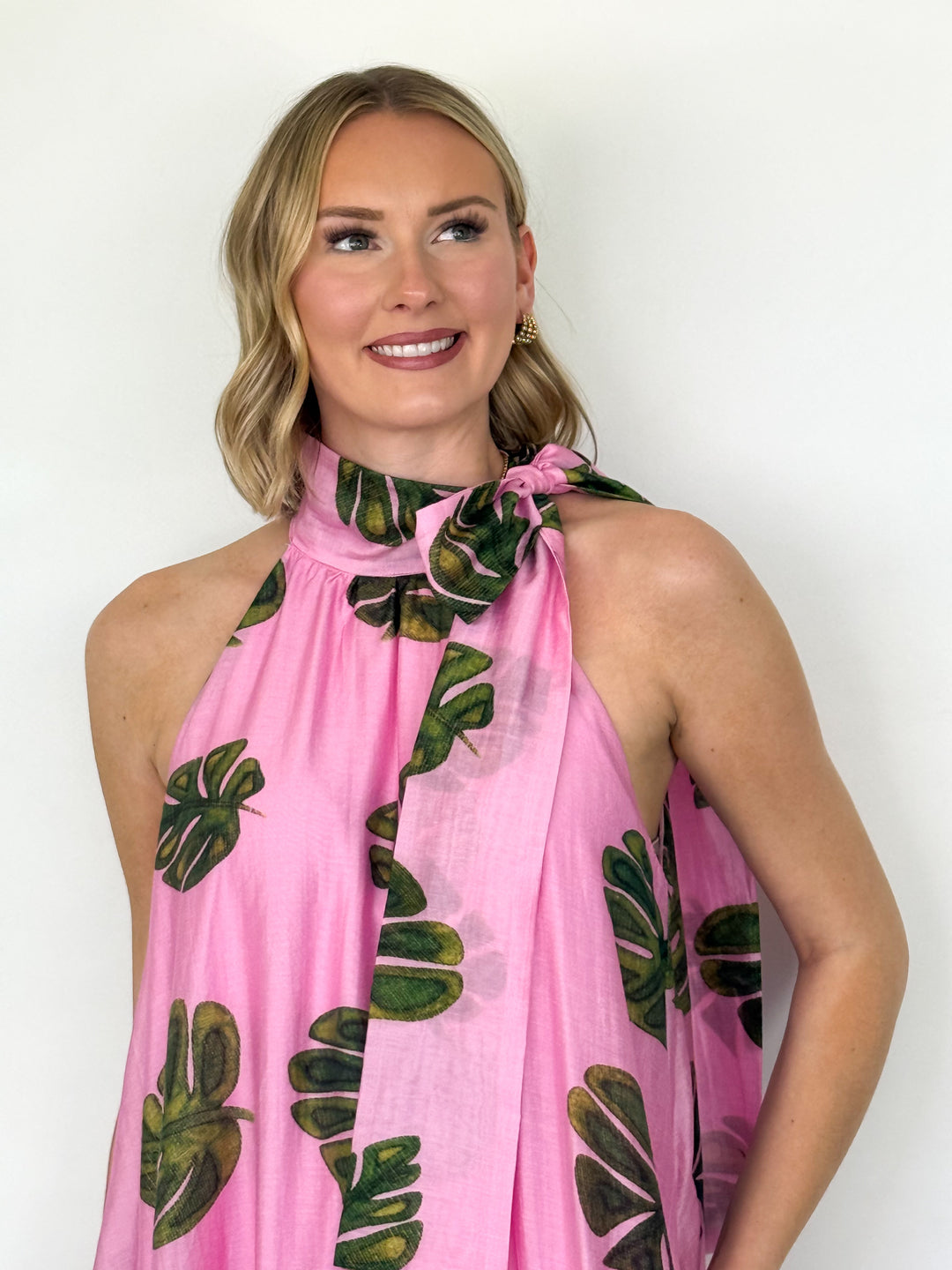 Heidi - Pink Monstera Leaf Dress