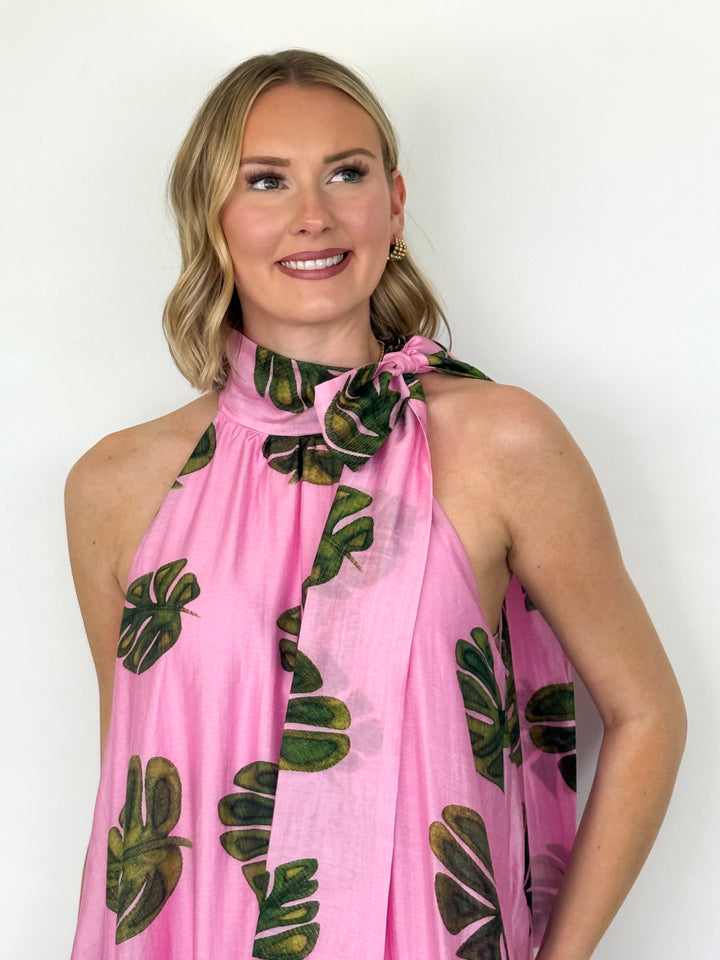 Heidi - Pink Monstera Leaf Dress