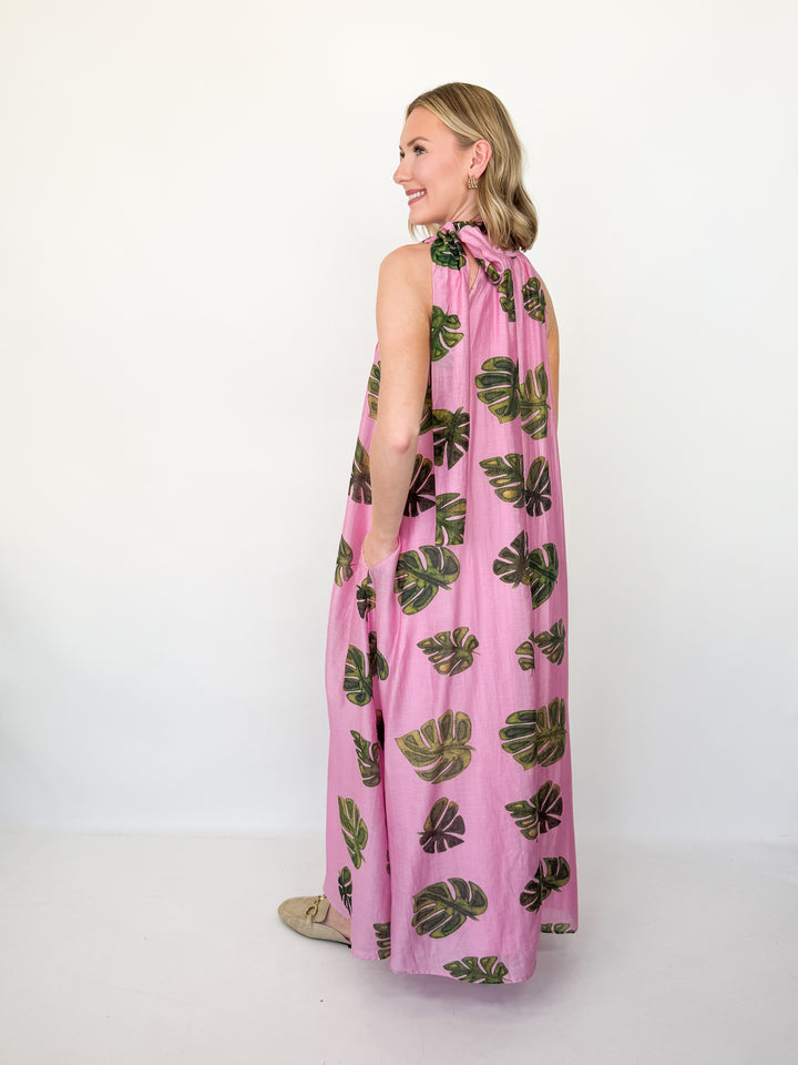Heidi - Pink Monstera Leaf Dress