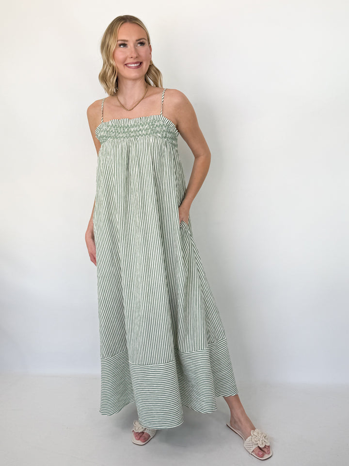 Ollie - Smocked Green Striped Maxi Dress