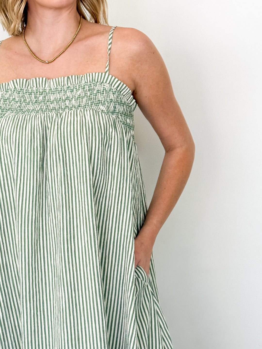 Ollie - Smocked Green Striped Maxi Dress