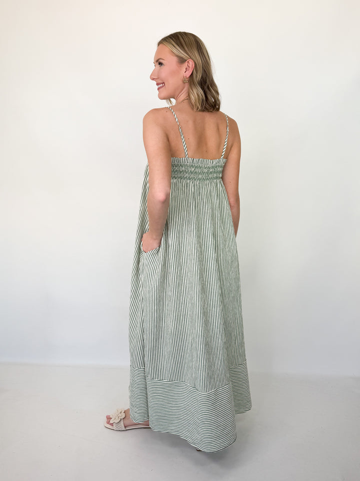 Ollie - Smocked Green Striped Maxi Dress