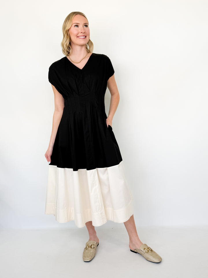 Melissa - Black & Cream Colorblock Midi Dress