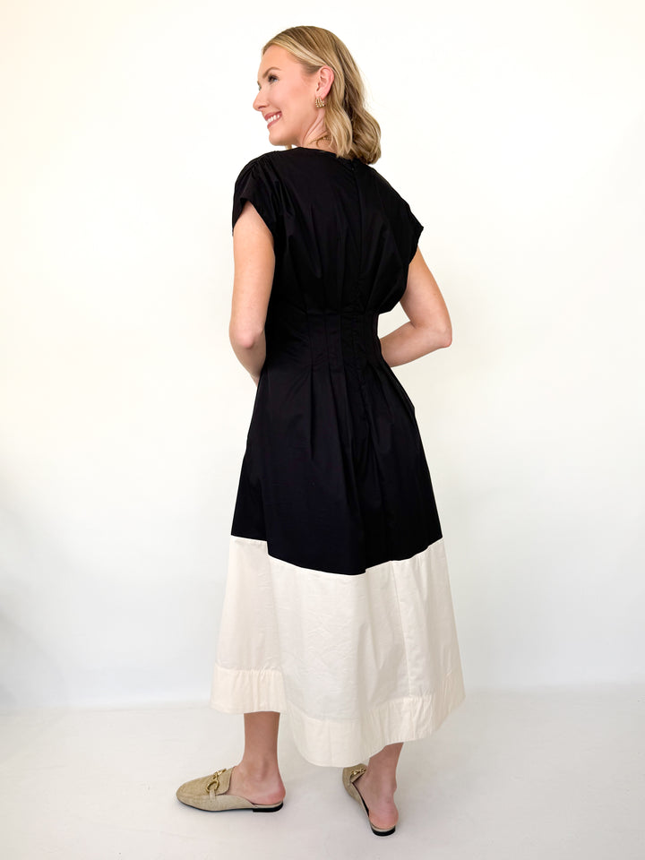 Melissa - Black & Cream Colorblock Midi Dress