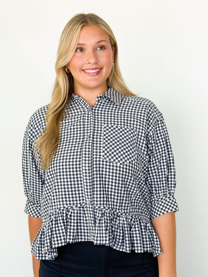 Nadia - Navy Gingham Button Up Blouse