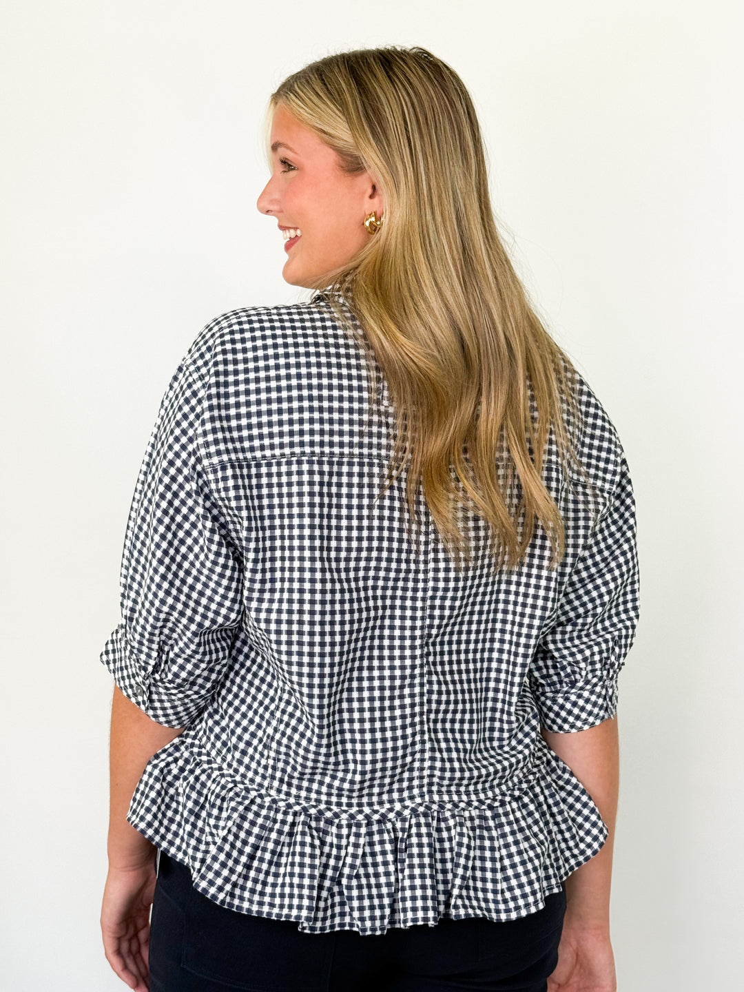 Nadia - Navy Gingham Button Up Blouse