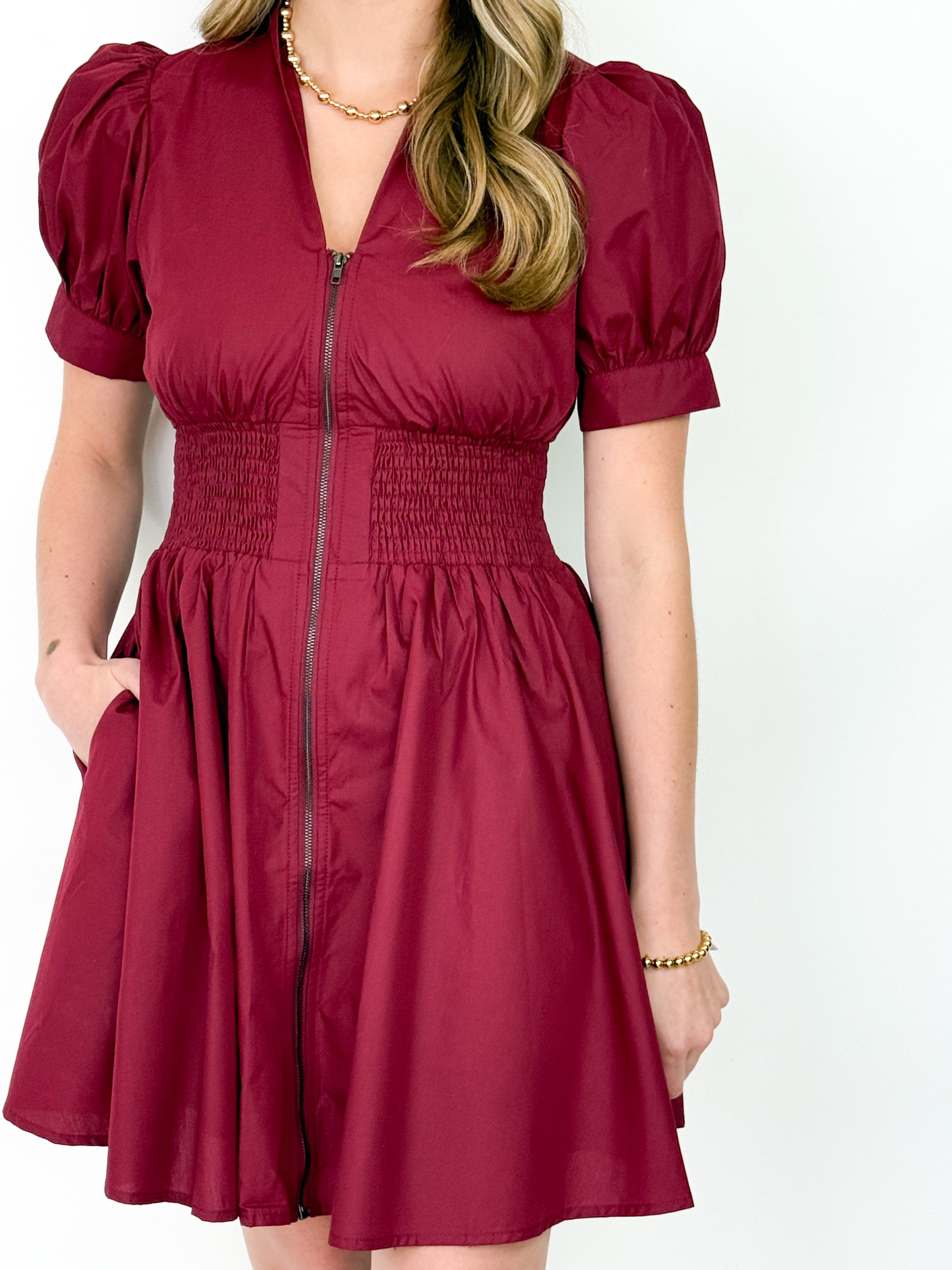 Katie - Maroon Puff Sleeve Front Zip Mini Dress