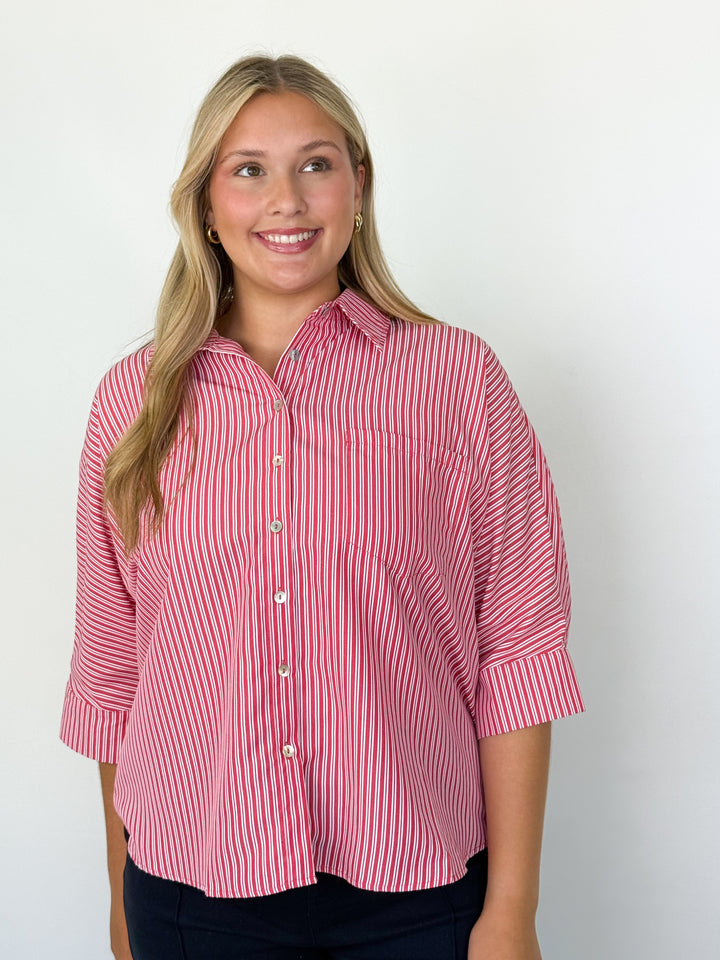 Roxi - Red Striped Oversized Button Down Blouse