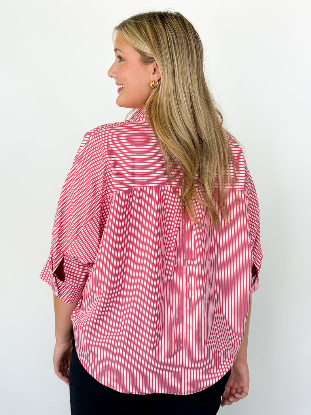 Roxi - Red Striped Oversized Button Down Blouse