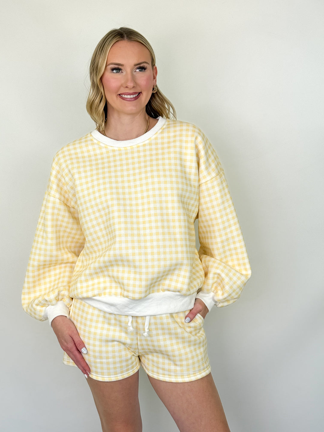 Jillian - Yellow Check Sweatshirt Short Set