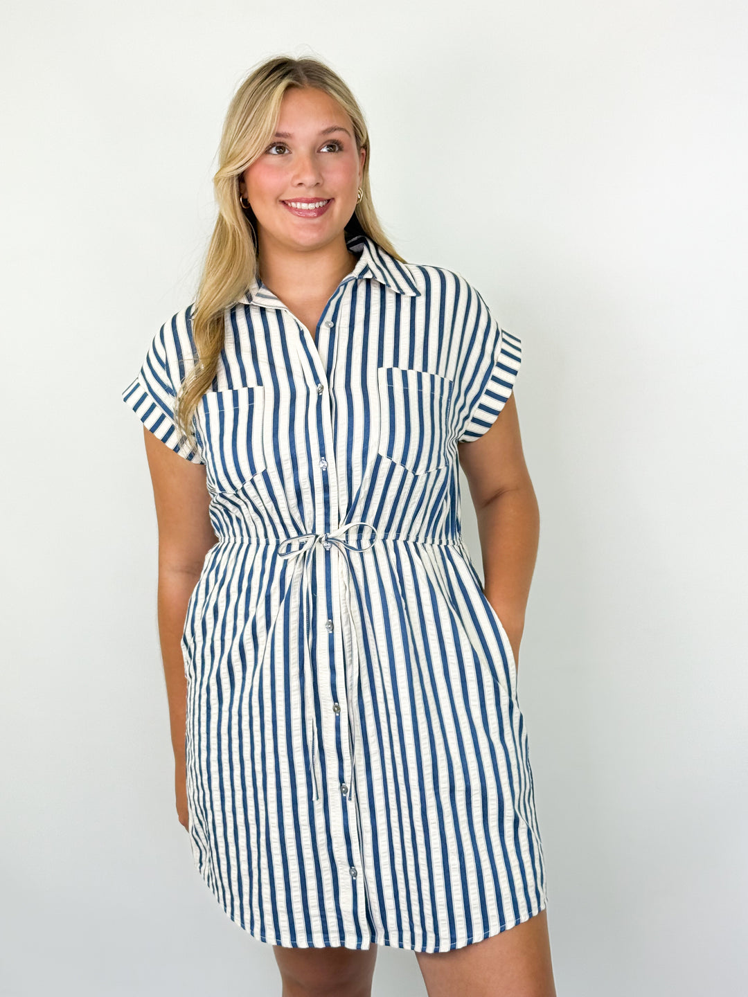 Averley - Blue Striped Button Up Mini Dress