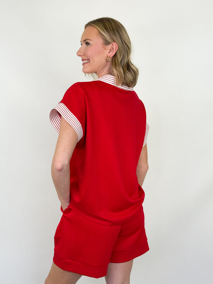 Kali - Striped Collared Short Set (Red)