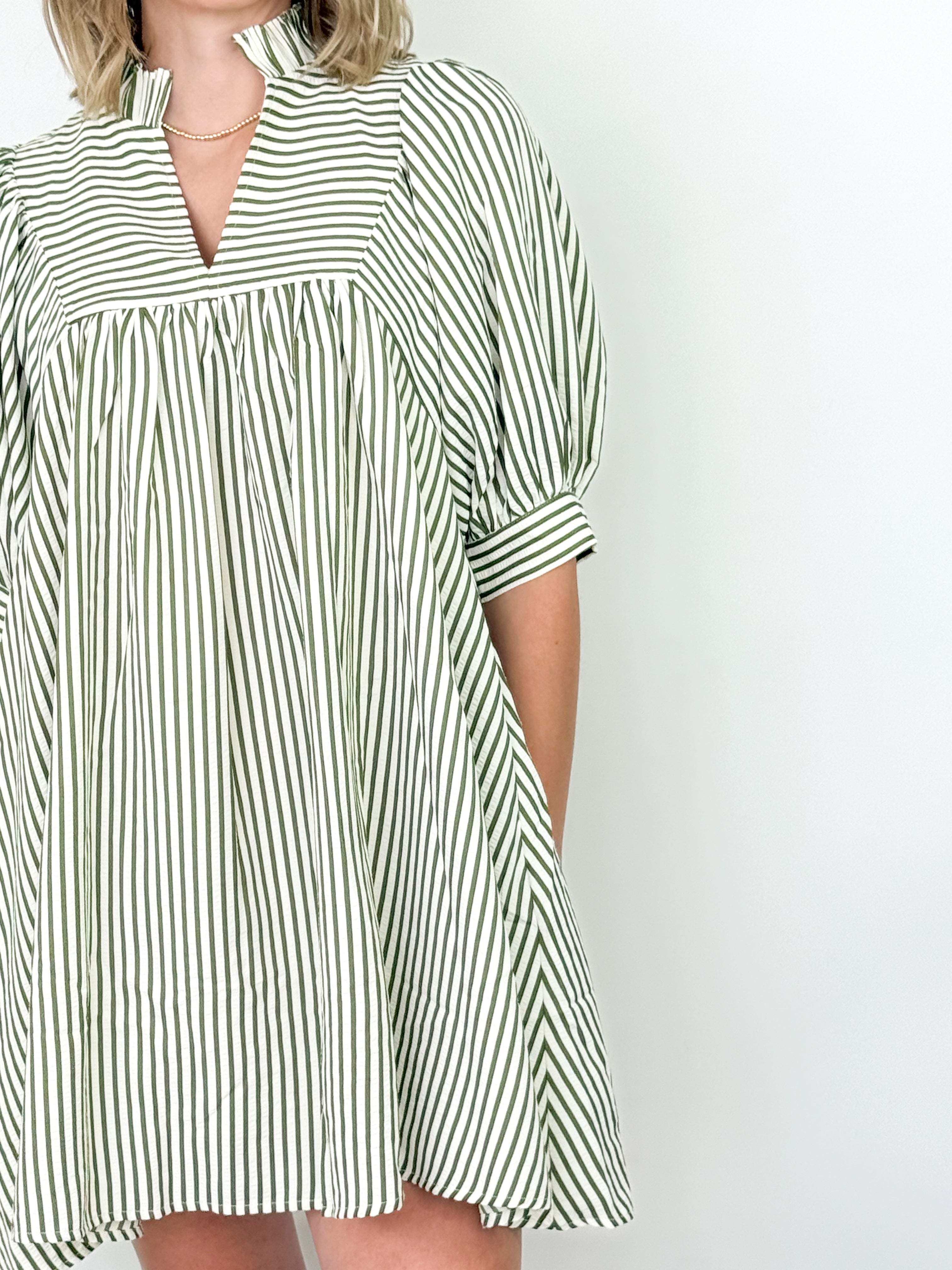 Lillian - Olive Striped Mini Dress