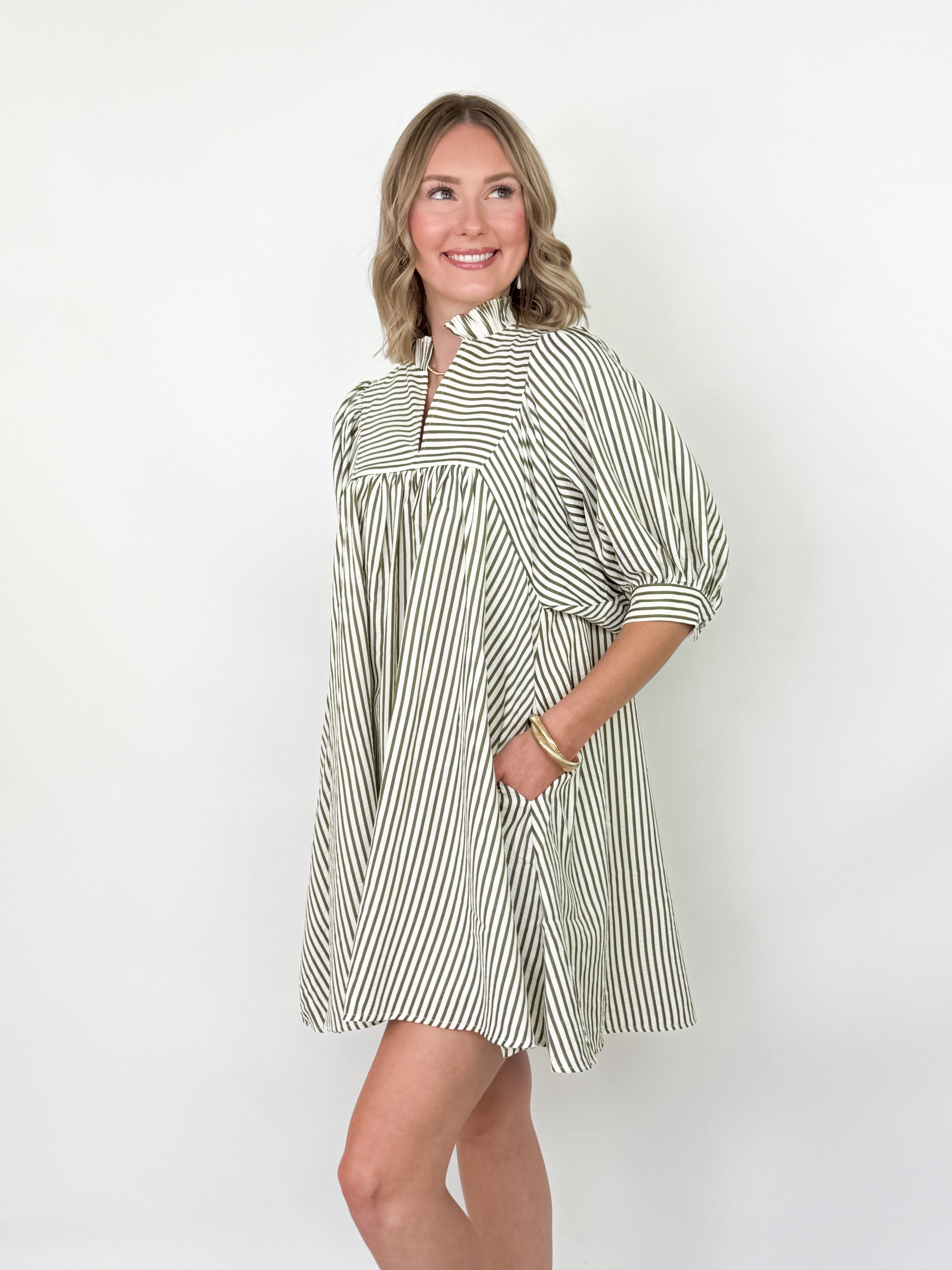 Lillian - Olive Striped Mini Dress