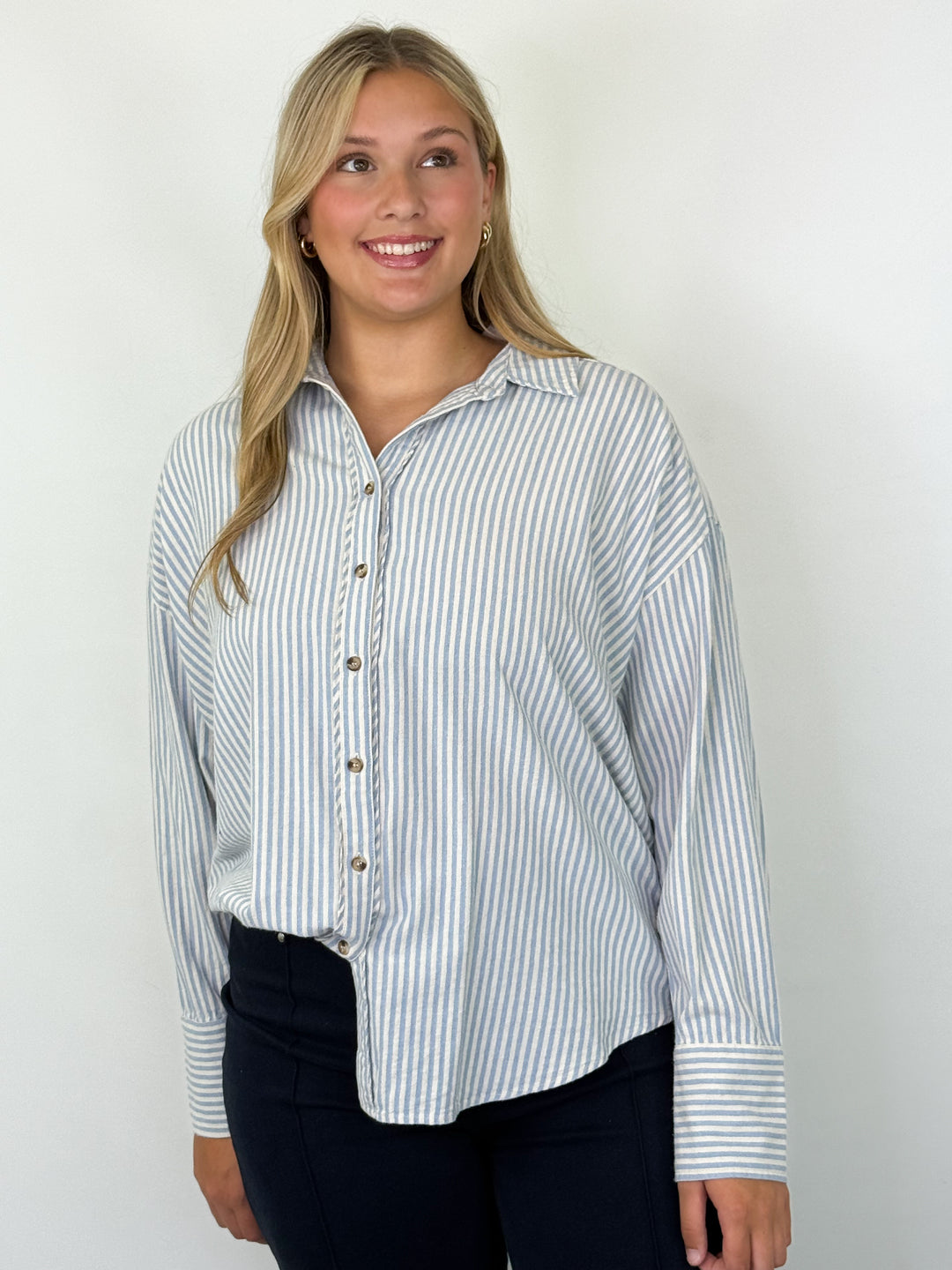 Charlotte - Blue + White Striped Button Up Blouse