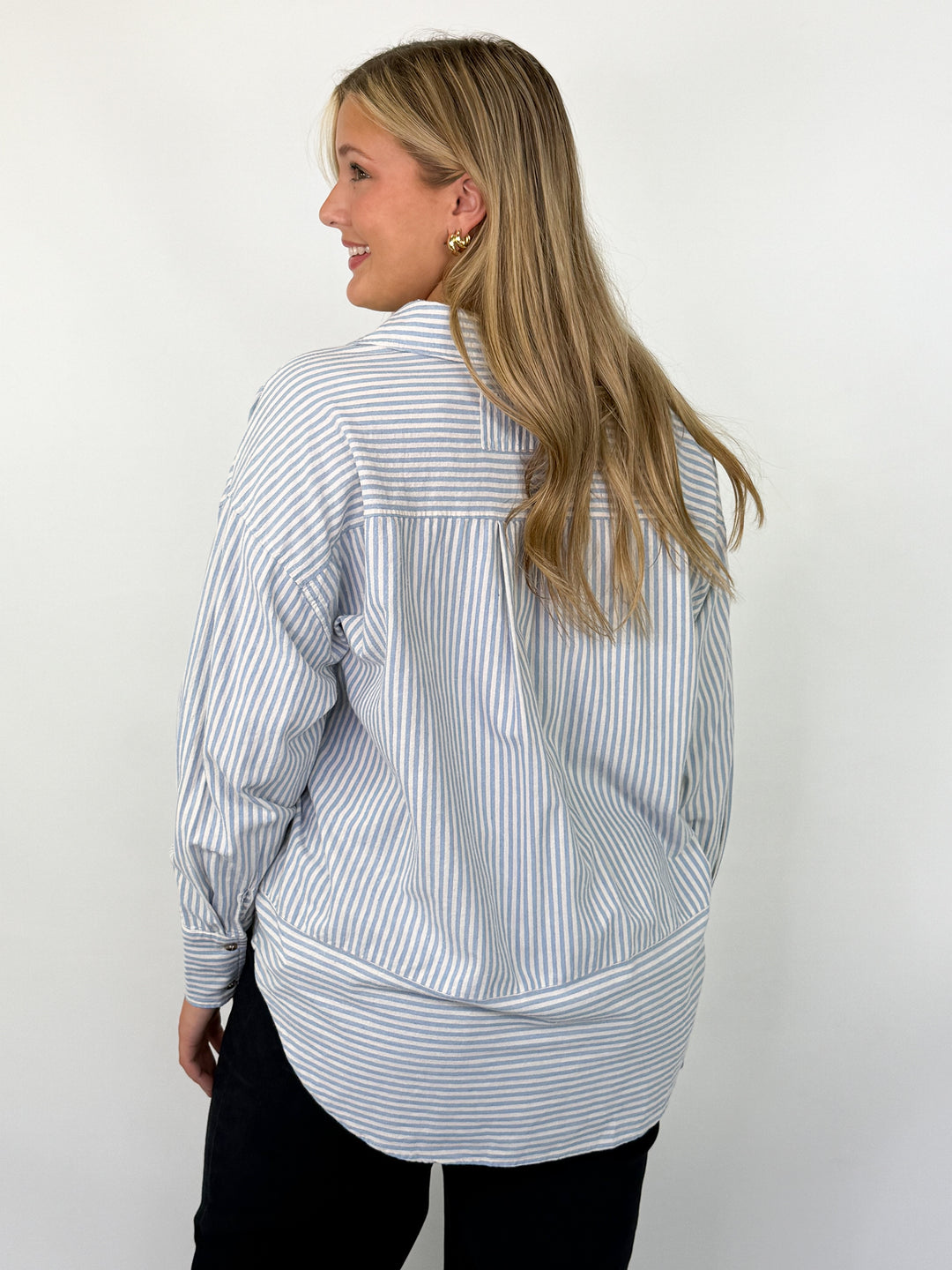 Charlotte - Blue + White Striped Button Up Blouse