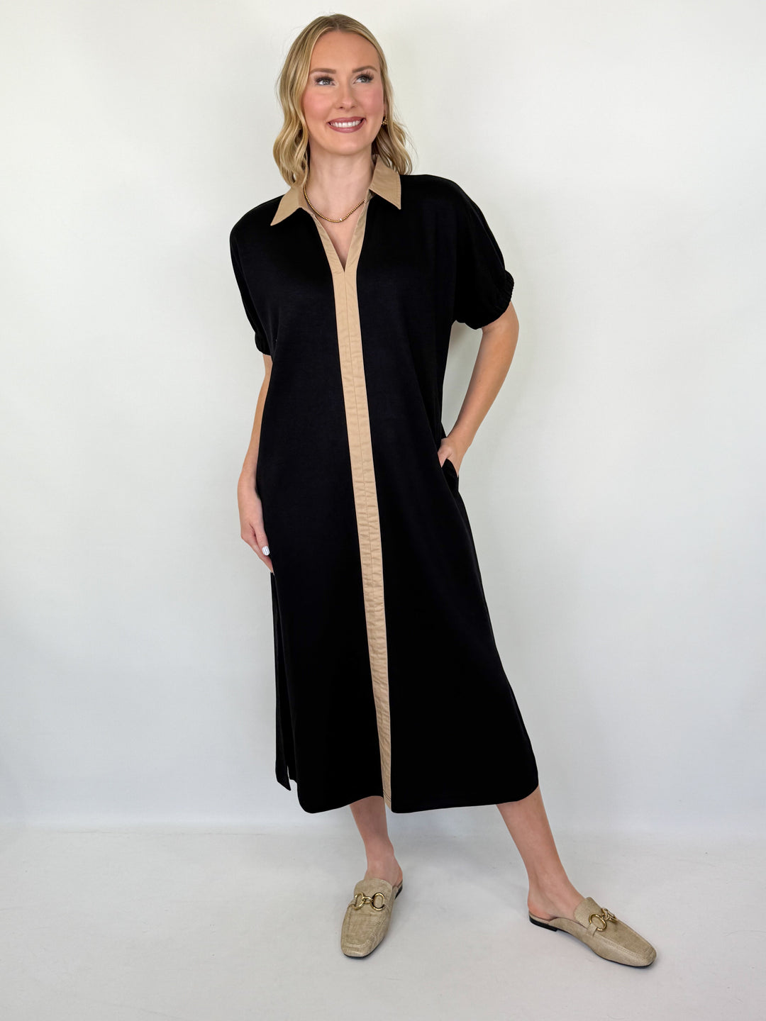 Jori - Black Contrast Detail Collared Midi Dress