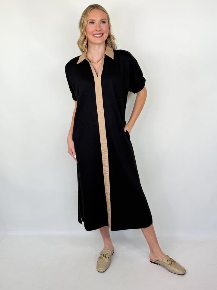 Jori - Black Contrast Detail Collared Midi Dress