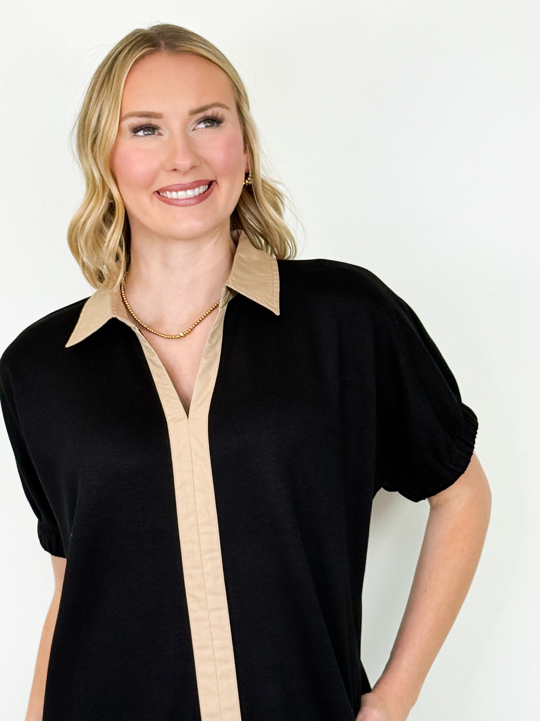 Jori - Black Contrast Detail Collared Midi Dress