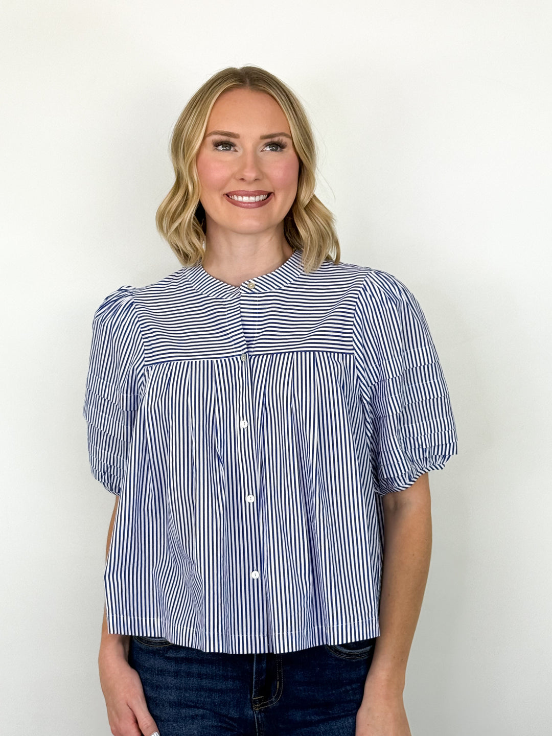 Mary - Blue Striped Button Up Blouse